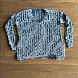 POLO Ralph Lauren Pima Cotton Sweater XS cable knit faded blue with vents v neck